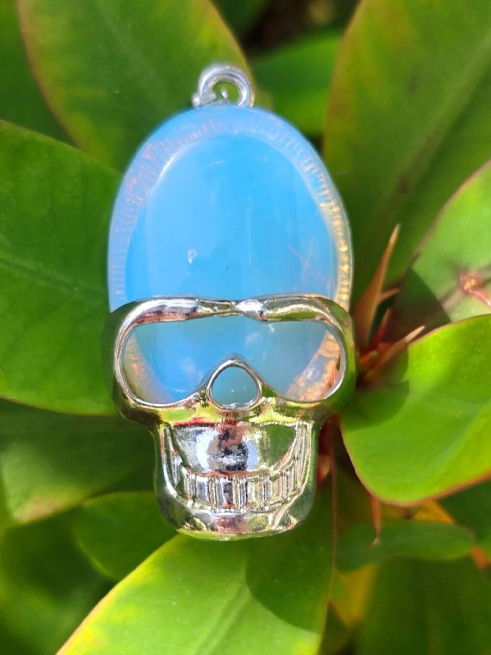 Hand Crafted ✦ Opalite Stainless Steel Skull Pendant ✦ Gothic Blue Glow Gemstone